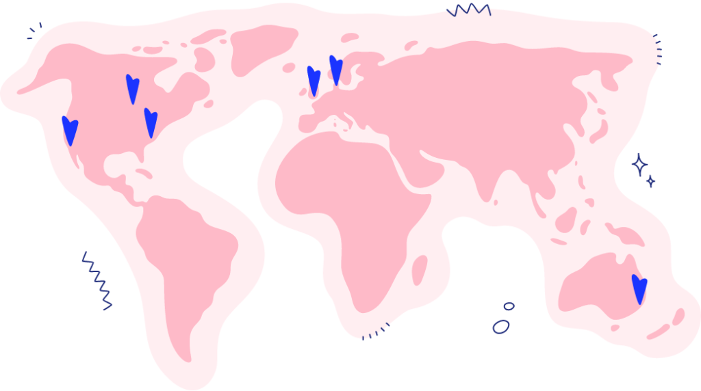 Illustrated abstract pink world map with flags representing Optimere offices.