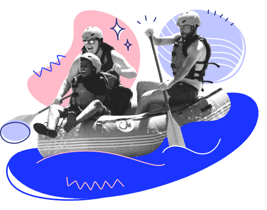 3 people whitewater rafting with illustrated pink and blue background