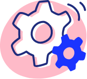 blue and white gears icon over pink circle