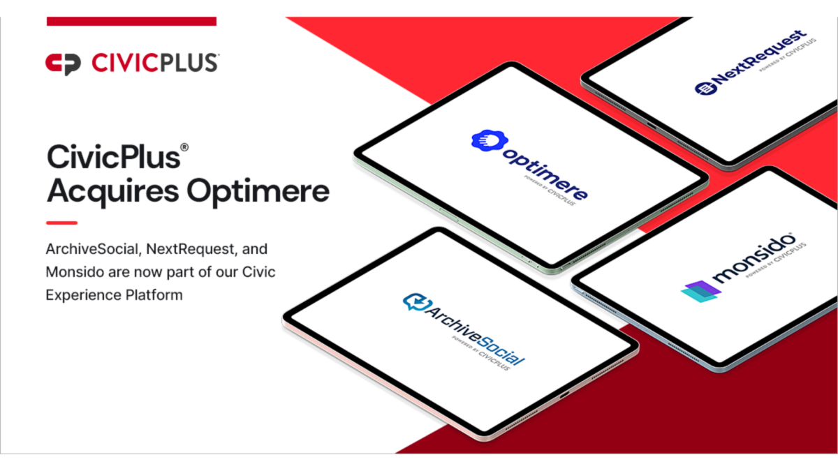 Optimere product logos on tablets with CivicPlus acquires Optimere text