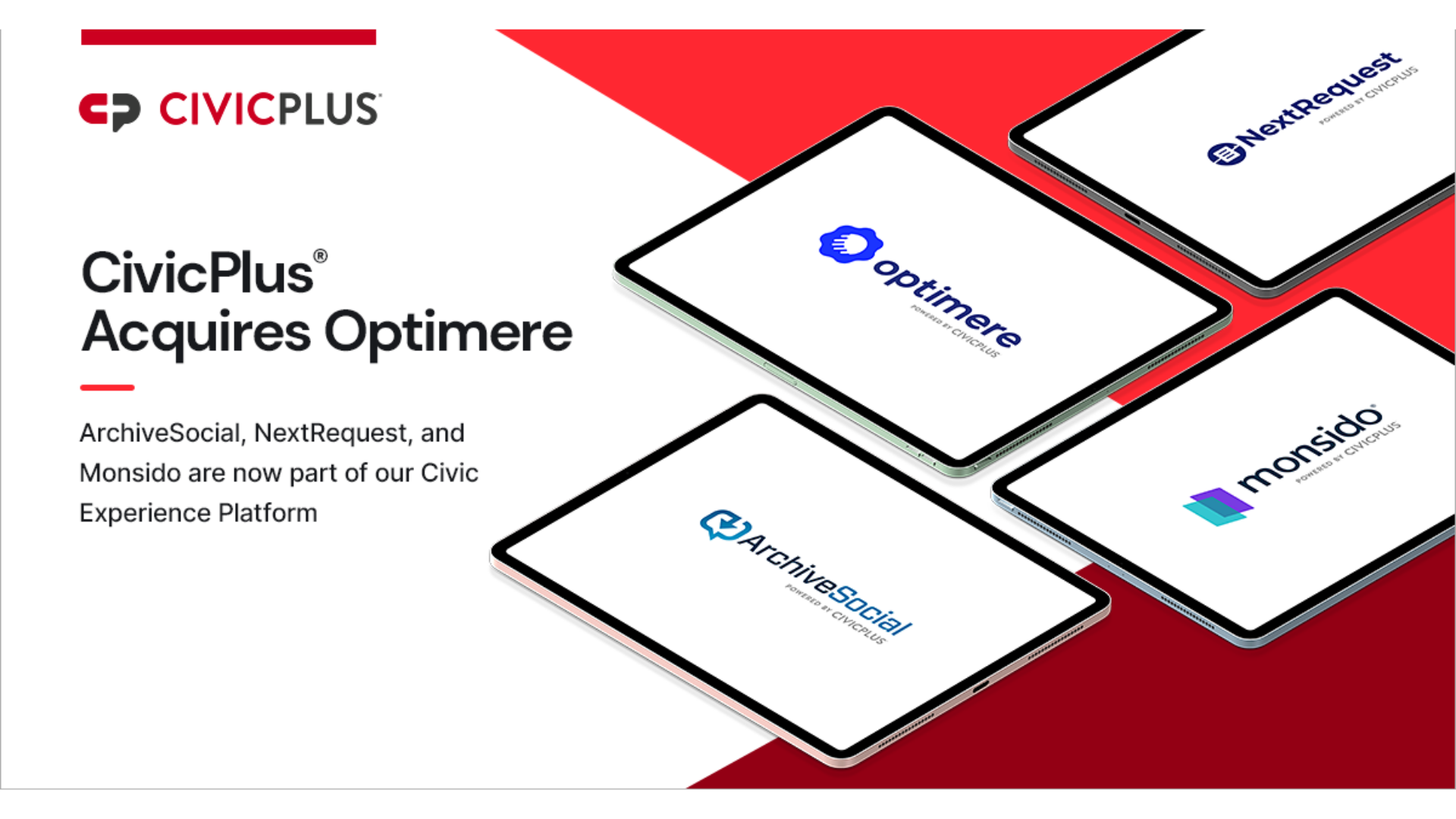 Optimere product logos on tablets with CivicPlus acquires Optimere text